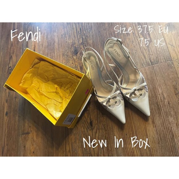 Fendi Slingback Sandal Tan High Heel Shoes Logo Size 37.5  EU 7.5 US New In Box - Picture 1 of 7